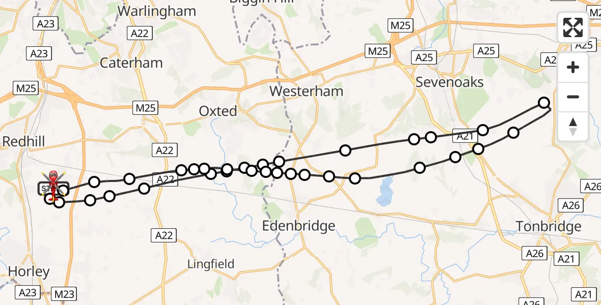 Flight route map: Air Ambulance Helicopter to Redhill Aerodrome, Redhill Aerodrome