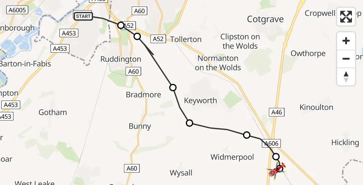 Flight route map: Air Ambulance Helicopter to Nottingham Heliport, Nottingham Heliport