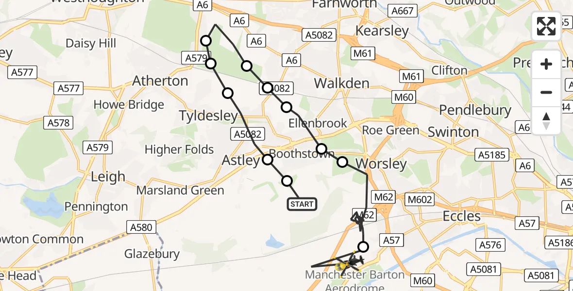 Flight route map: Police Helicopter to Manchester Barton Aerodrome, Manchester Barton Aerodrome