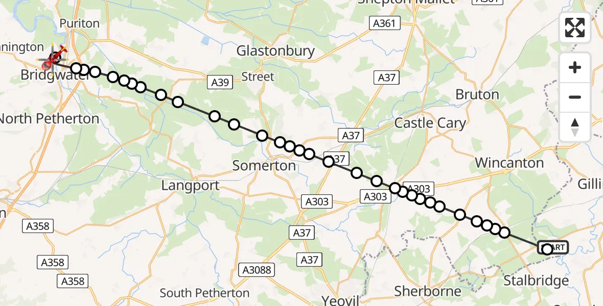 Flight route map: Air Ambulance Helicopter to Chilton Trinity, Chilton Road
