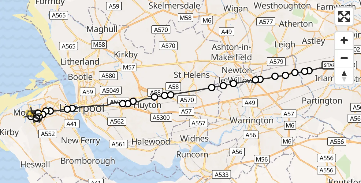 Flight route map: Police Helicopter to Moreton, Croft Drive