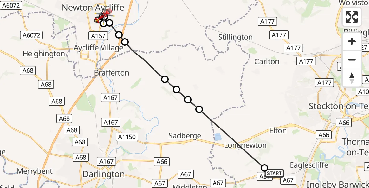 Flight route map: Air Ambulance Helicopter to Newton Aycliffe, A167