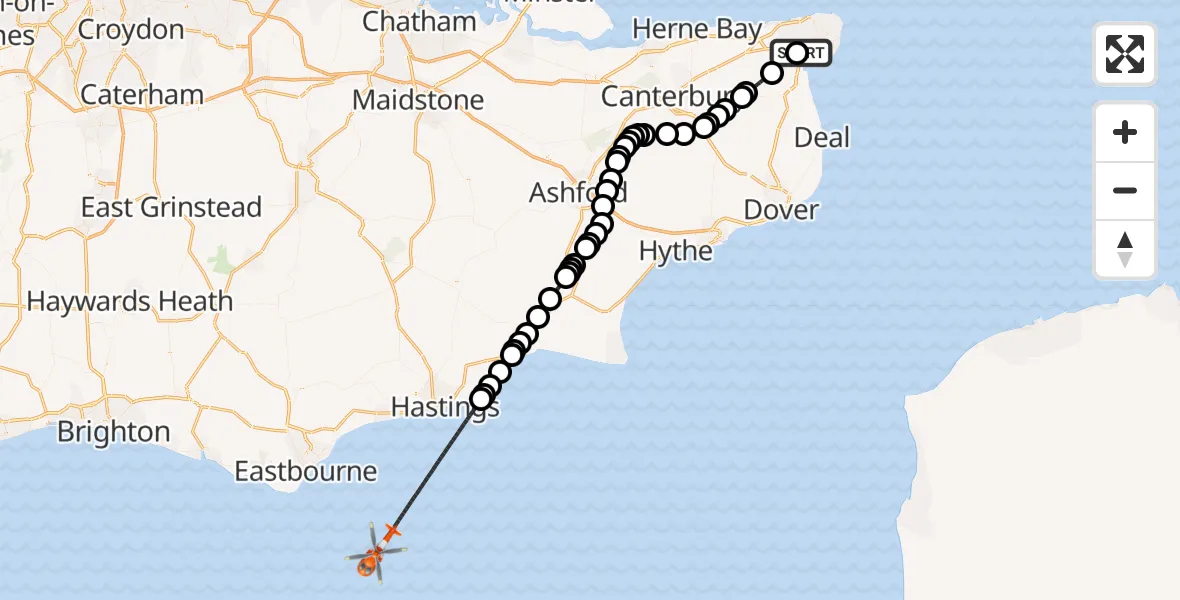 Flight route map: Coastguard Helicopter to English Channel, English Channel