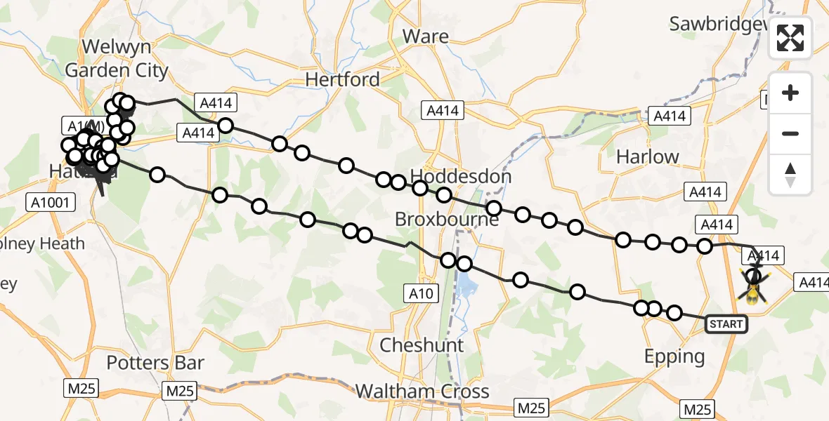 Flight route map: Police Helicopter to North Weald Airfield, North Weald Airfield