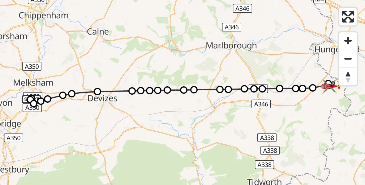 Flight route map: Air Ambulance Helicopter to Ham, Ham