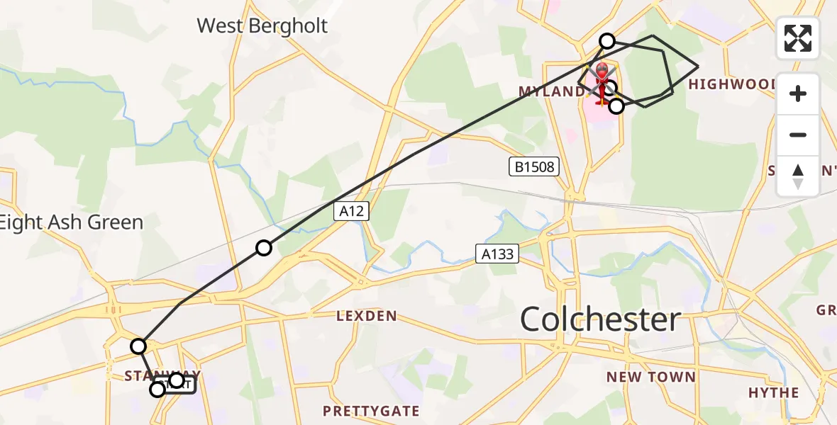 Routekaart van de vlucht: Air Ambulance Helicopter to Colchester Hospital, Colchester Hospital