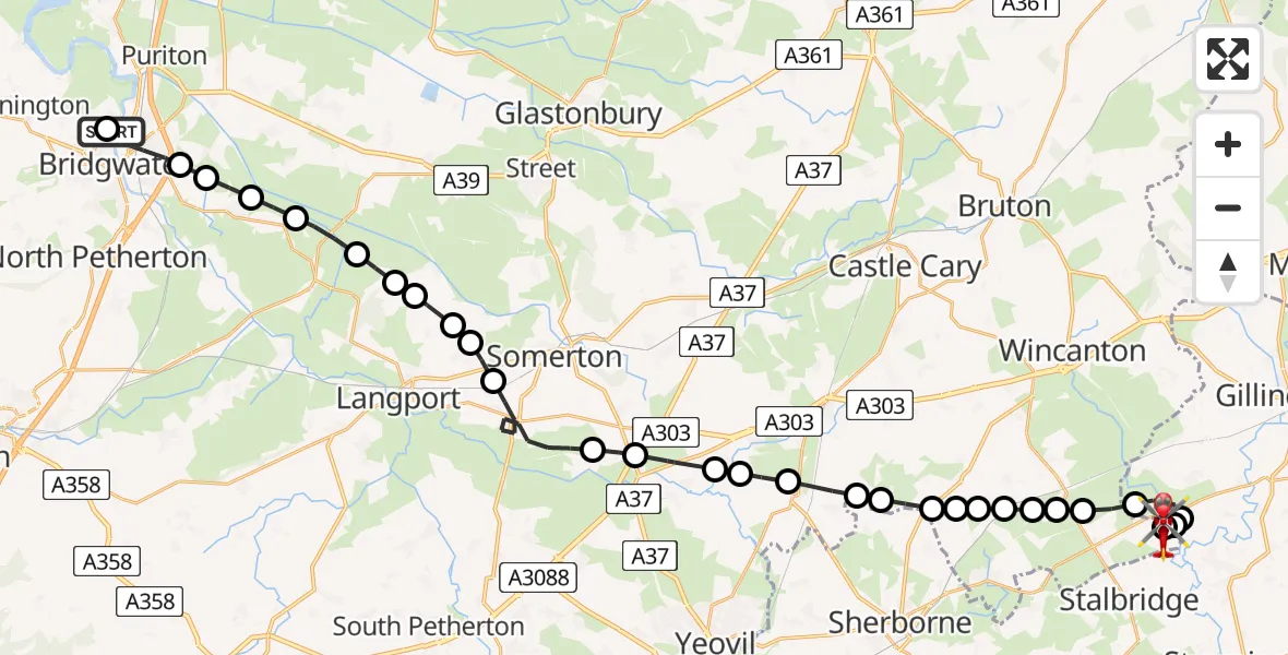 Routekaart van de vlucht: Air Ambulance Helicopter to Henstridge Airfield, Henstridge Airfield