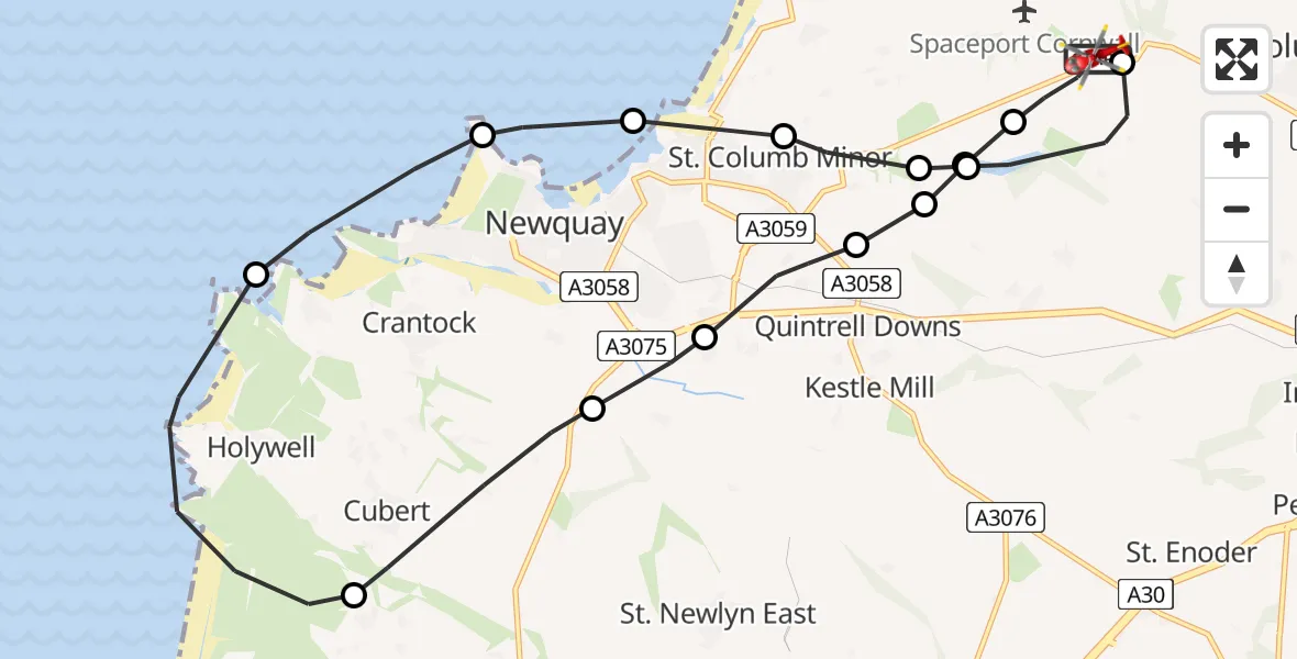Flight route map: Air Ambulance Helicopter to Cornwall Airport Newquay, Cornwall Airport Newquay