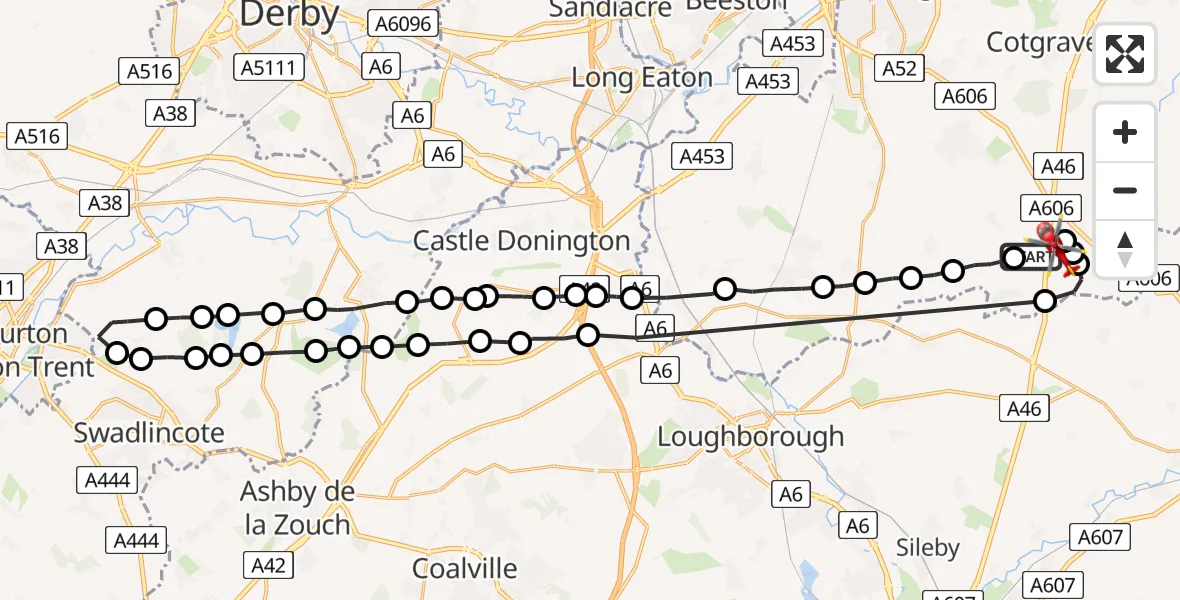 Flight route map: Air Ambulance Helicopter to Nottingham Heliport, Nottingham Heliport