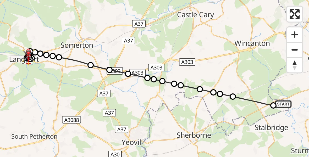 Flight route map: Air Ambulance Helicopter to Huish Episcopi, A372