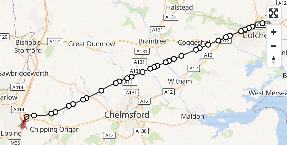 Routekaart van de vlucht: Air Ambulance Helicopter to North Weald Airfield, North Weald Airfield