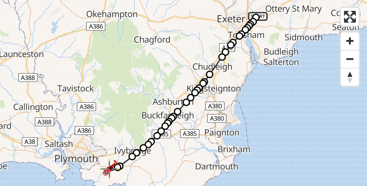 Flight route map: Air Ambulance Helicopter to Yealmpton, Stray Park