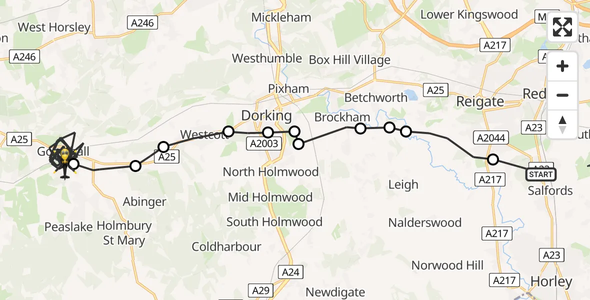 Flight route map: Police Helicopter to Shere, Towerhill Lane