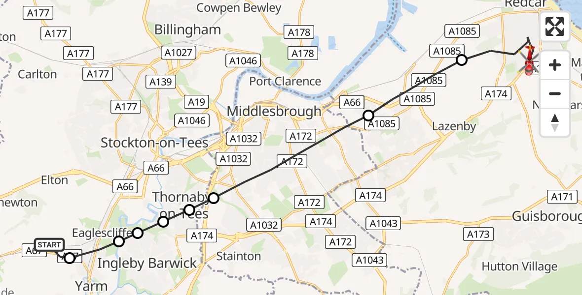 Flight route map: Air Ambulance Helicopter to Redcar, Foxrush Close