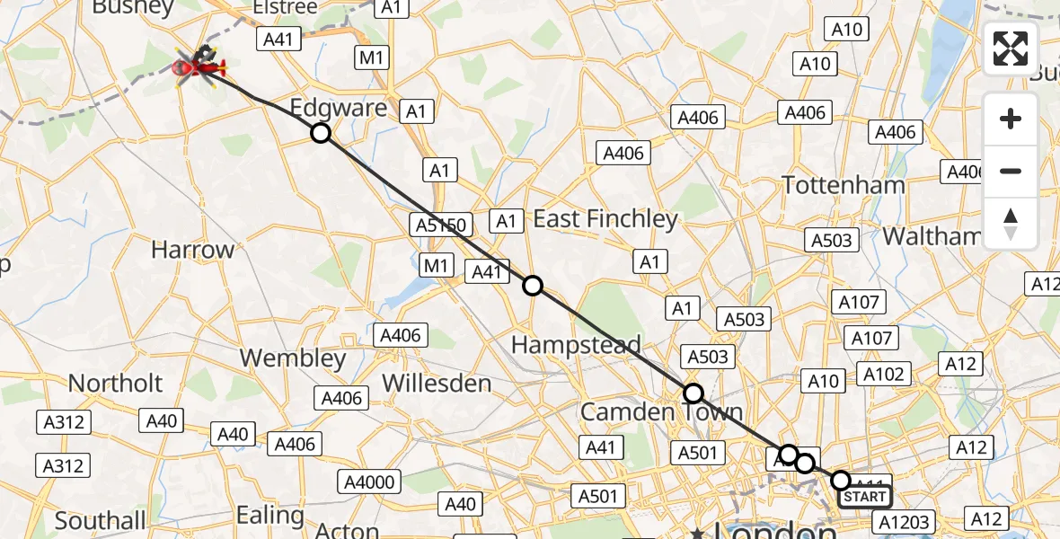 Flight route map: Air Ambulance Helicopter to London Borough of Harrow, Mansion House Drive