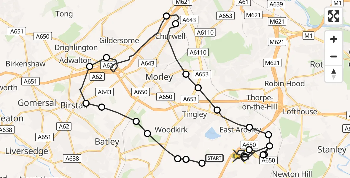 Flight path map showing Police Helicopter route from East Ardsley to East Ardsley