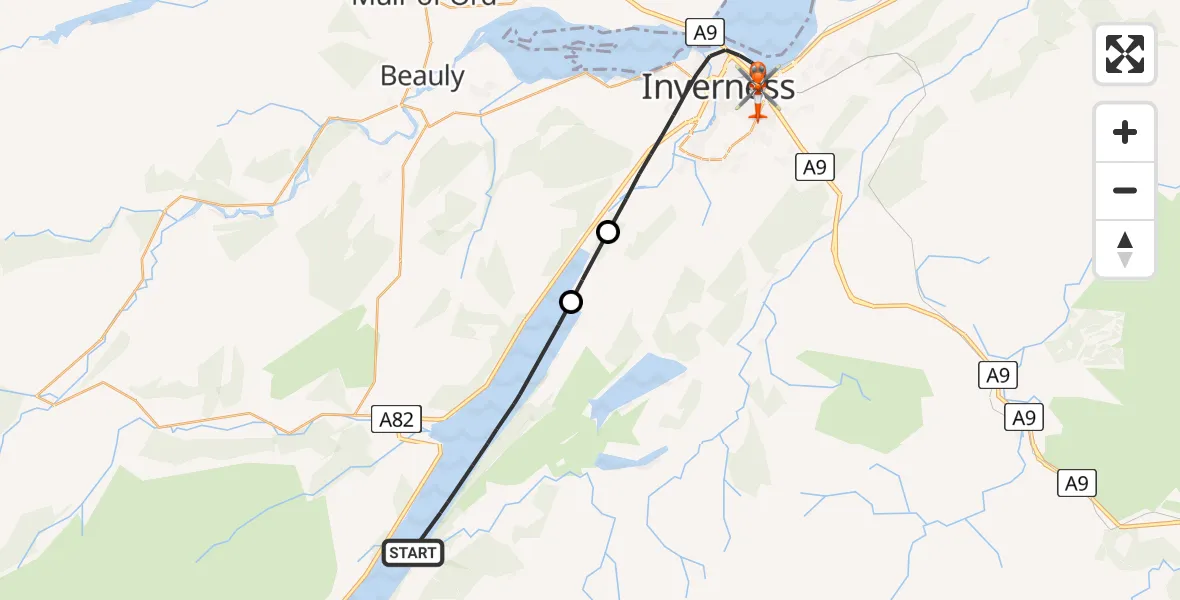 Flight route map: Coastguard Helicopter to Inverness, Raigmore Gardens