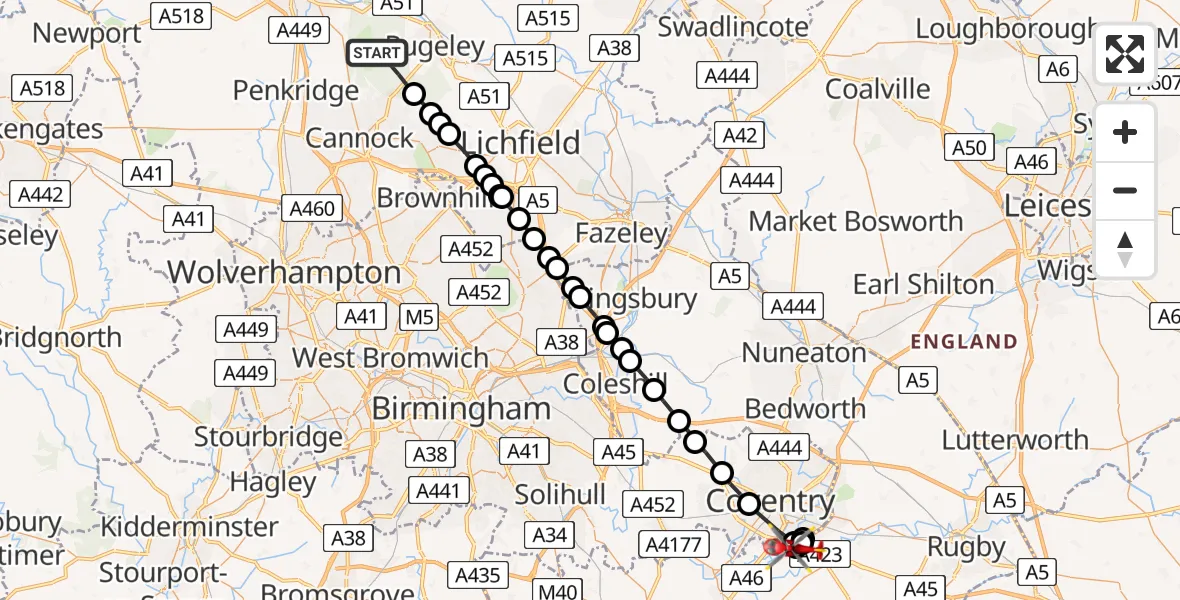 Routekaart van de vlucht: Air Ambulance Helicopter to Coventry Airport, Coventry Airport