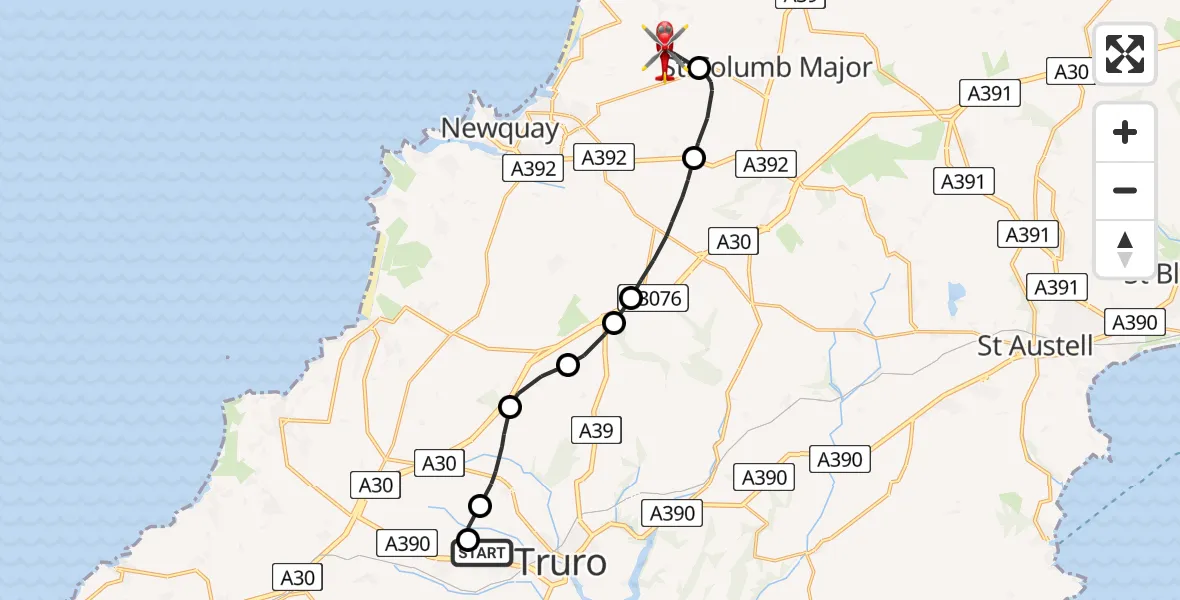 Flight route map: Air Ambulance Helicopter to Cornwall Airport Newquay, Cornwall Airport Newquay