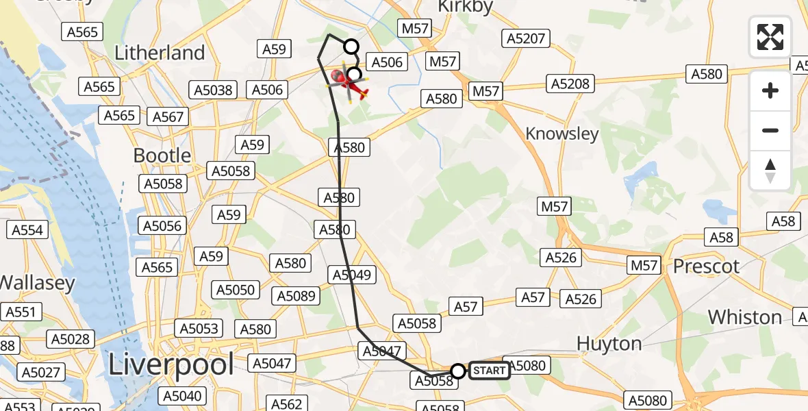 Routekaart van de vlucht: Air Ambulance Helicopter to Aintree University Hospital Heliport, Aintree University Hospital Heliport