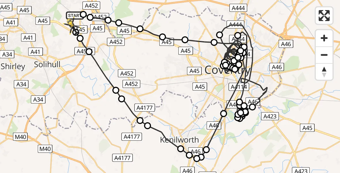 Flight path map showing Police Helicopter route from Birmingham Airport to Birmingham Airport