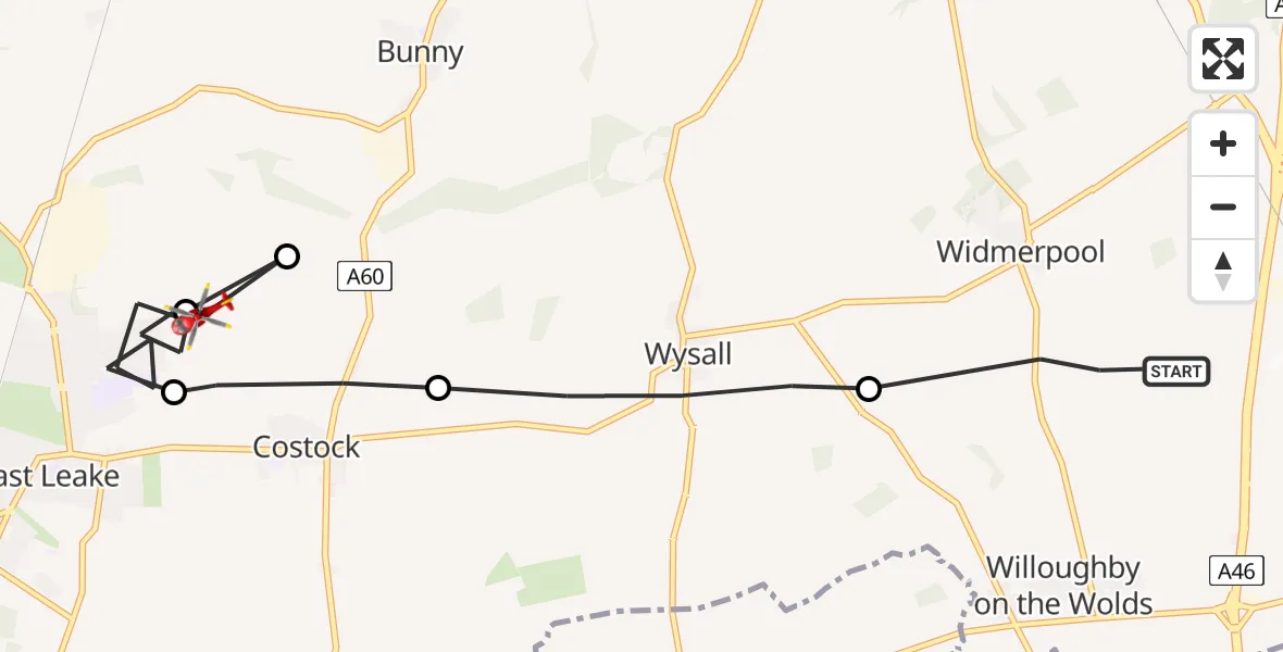 Routekaart van de vlucht: Air Ambulance Helicopter to East Leake, Ash Lane