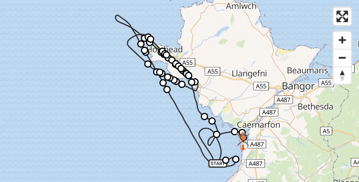 Flight route map: Coastguard Helicopter to Caernarfon Airport, Caernarfon Airport