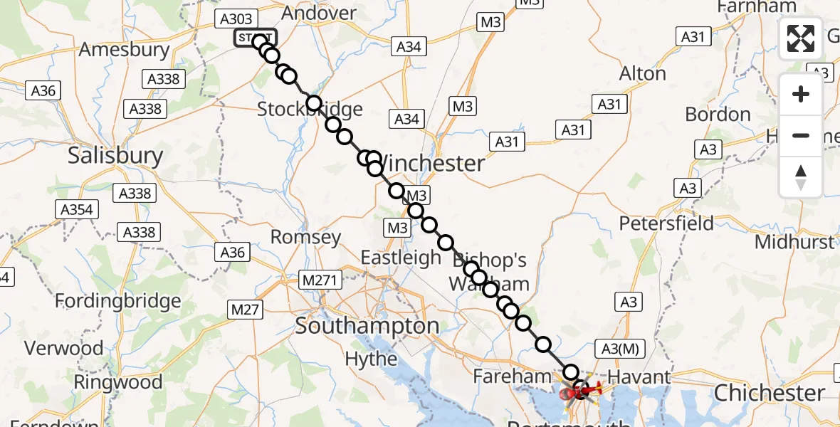 Flight route map: Air Ambulance Helicopter to Portsmouth, Northern Road