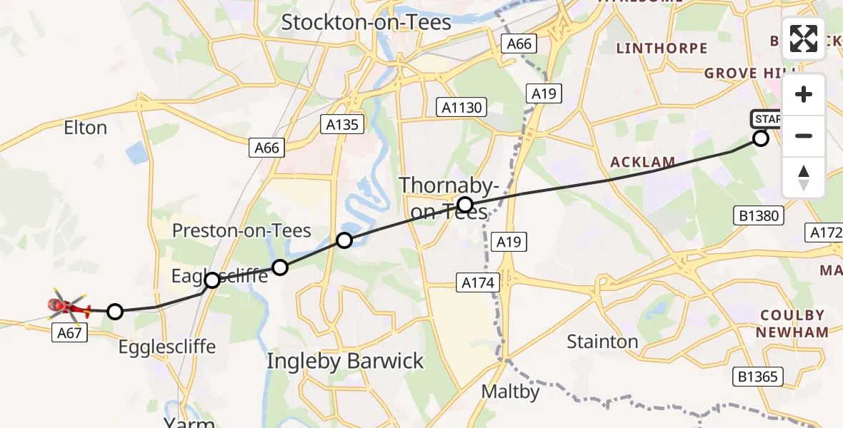 Flight route map: Air Ambulance Helicopter to Egglescliffe, Longnewton Lane