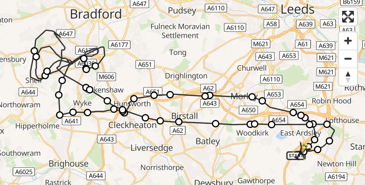 Flight path map showing Police Helicopter route from East Ardsley to East Ardsley