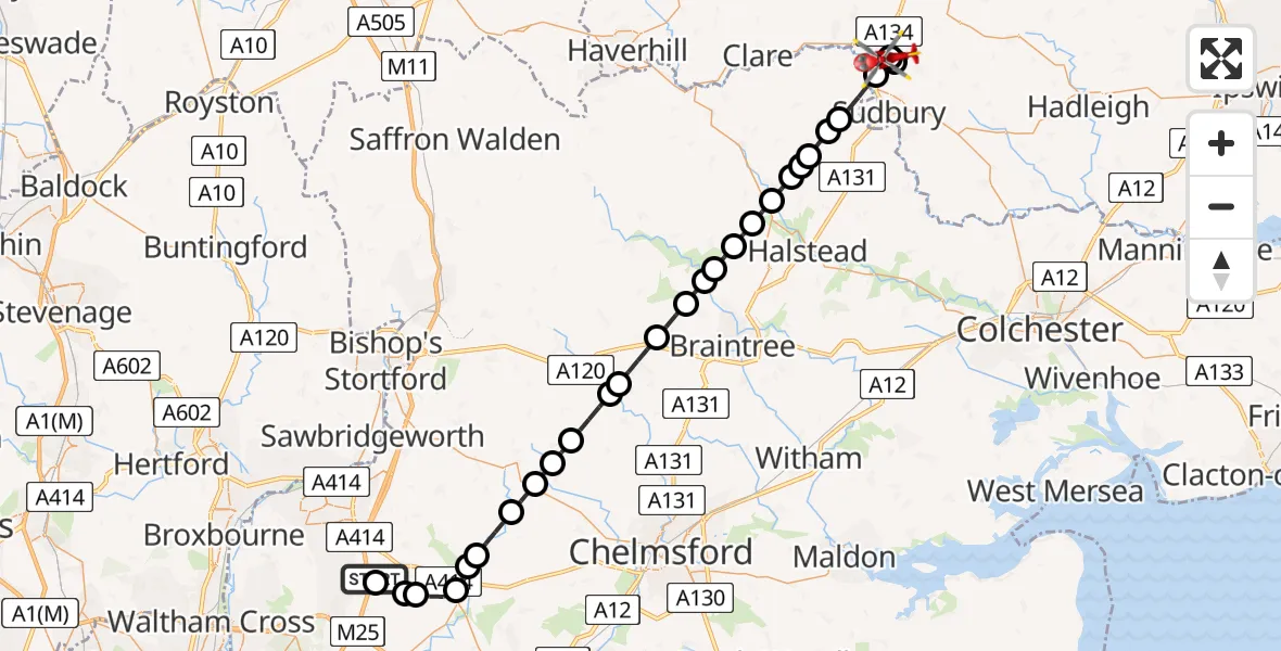 Flight route map: Air Ambulance Helicopter to Long Melford, Long Melford