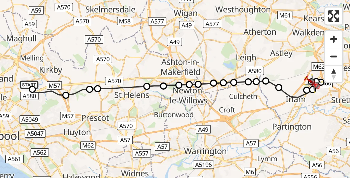 Routekaart van de vlucht: Air Ambulance Helicopter to Irlam, Liverpool Road