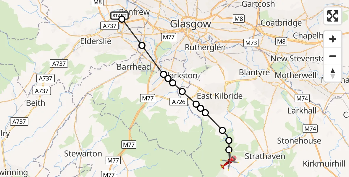 Flight route map: Air Ambulance Helicopter to Caldermill, Ardochrig Road