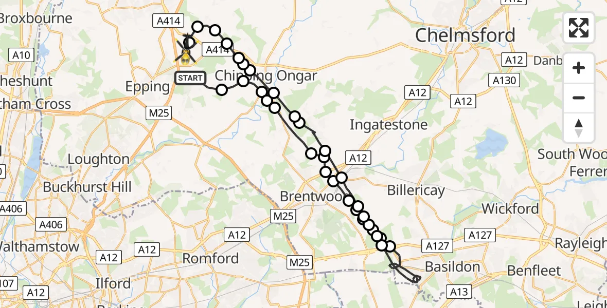 Flight route map: Police Helicopter to North Weald Airfield, North Weald Airfield