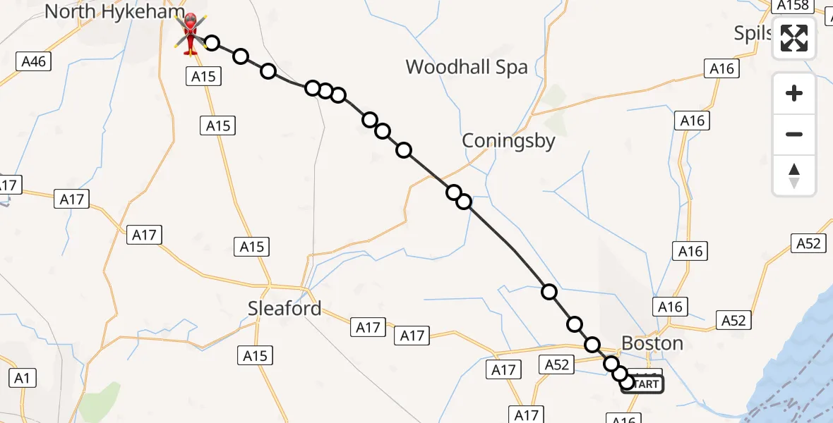 Routekaart van de vlucht: Air Ambulance Helicopter to North Kesteven, Sleaford Road
