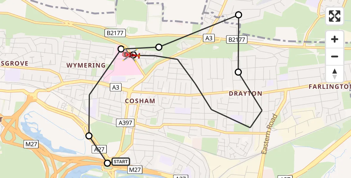 Flight route map: Air Ambulance Helicopter to Queen Alexandra Hospital, Orkney Road