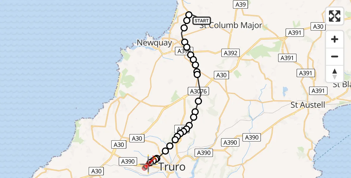 Flight route map: Air Ambulance Helicopter to Treliske Hospital, Treliske Hospital