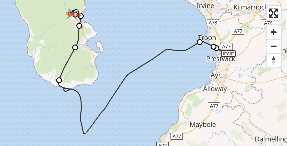 Flight route map: Coastguard Helicopter to Brodick, The String