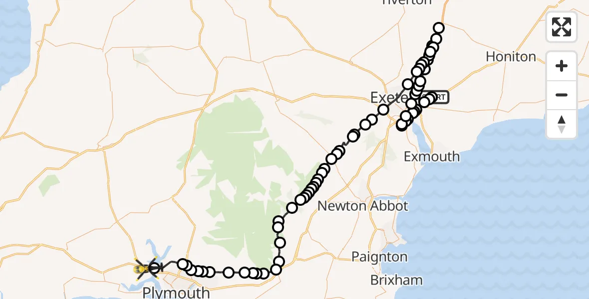 Routekaart van de vlucht: Police Helicopter to Forder, A38