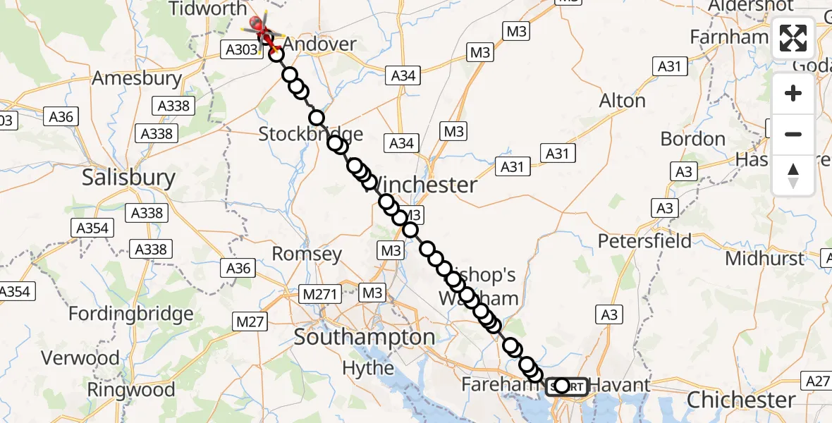 Flight route map: Air Ambulance Helicopter to Fyfield, Dauntsey Lane
