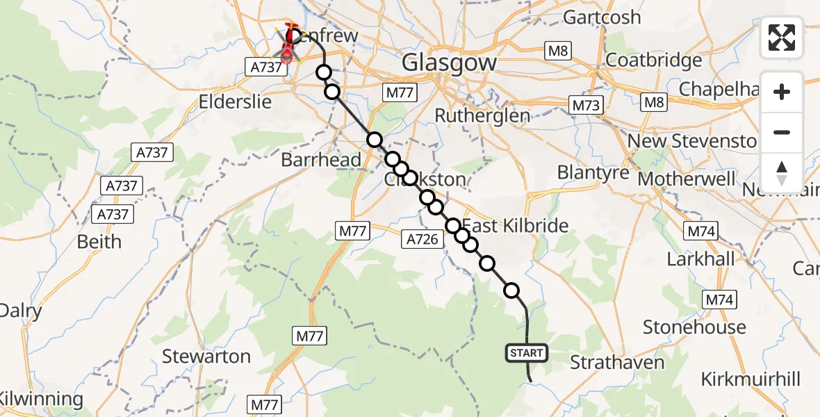 Flight route map: Air Ambulance Helicopter to Glasgow Airport, Glasgow Airport