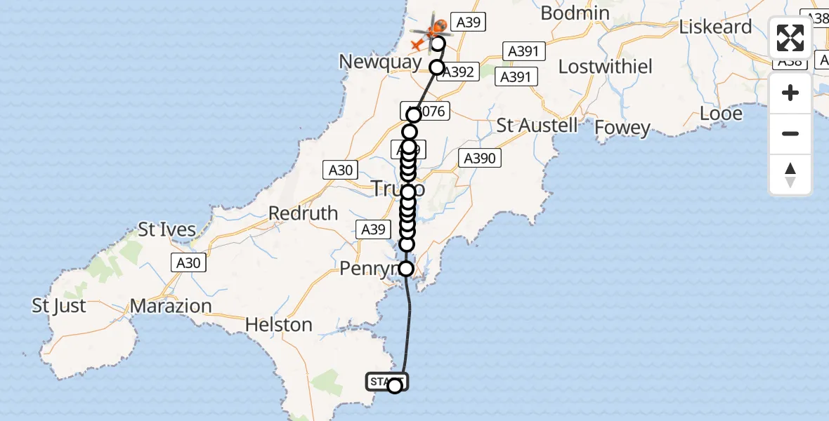 Routekaart van de vlucht: Coastguard Helicopter to Cornwall Airport Newquay, Cornwall Airport Newquay