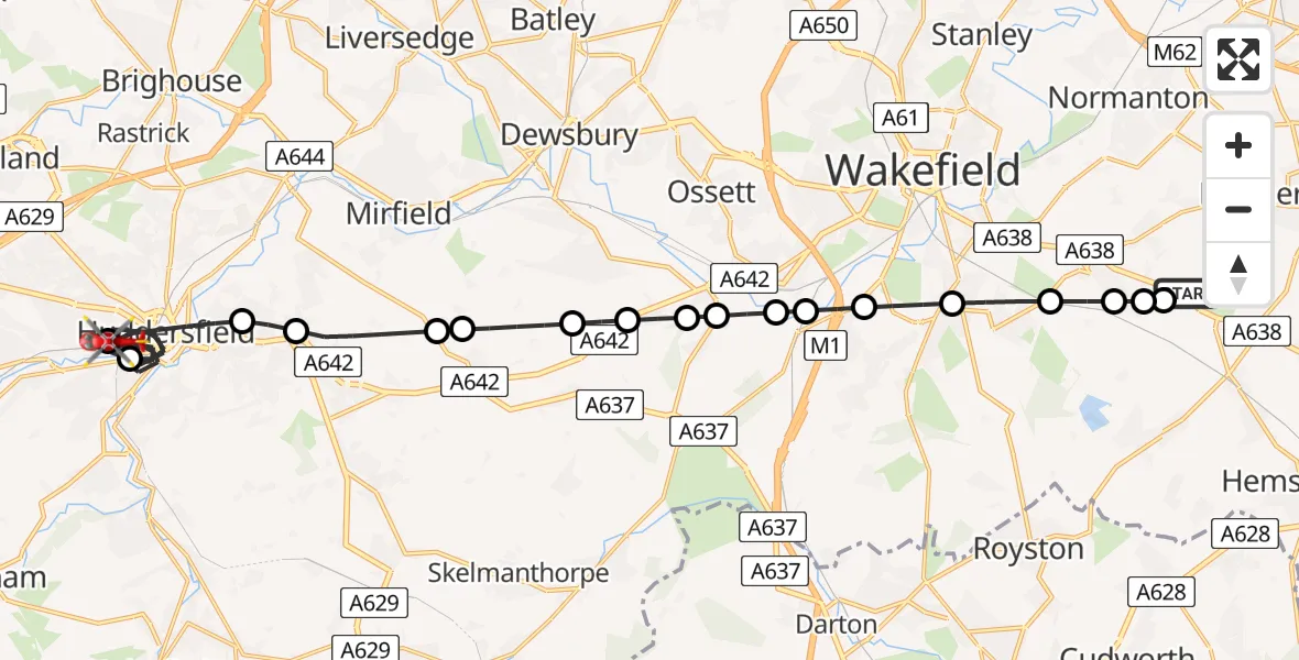 Routekaart van de vlucht: Air Ambulance Helicopter to Huddersfield, Gledholt Bank