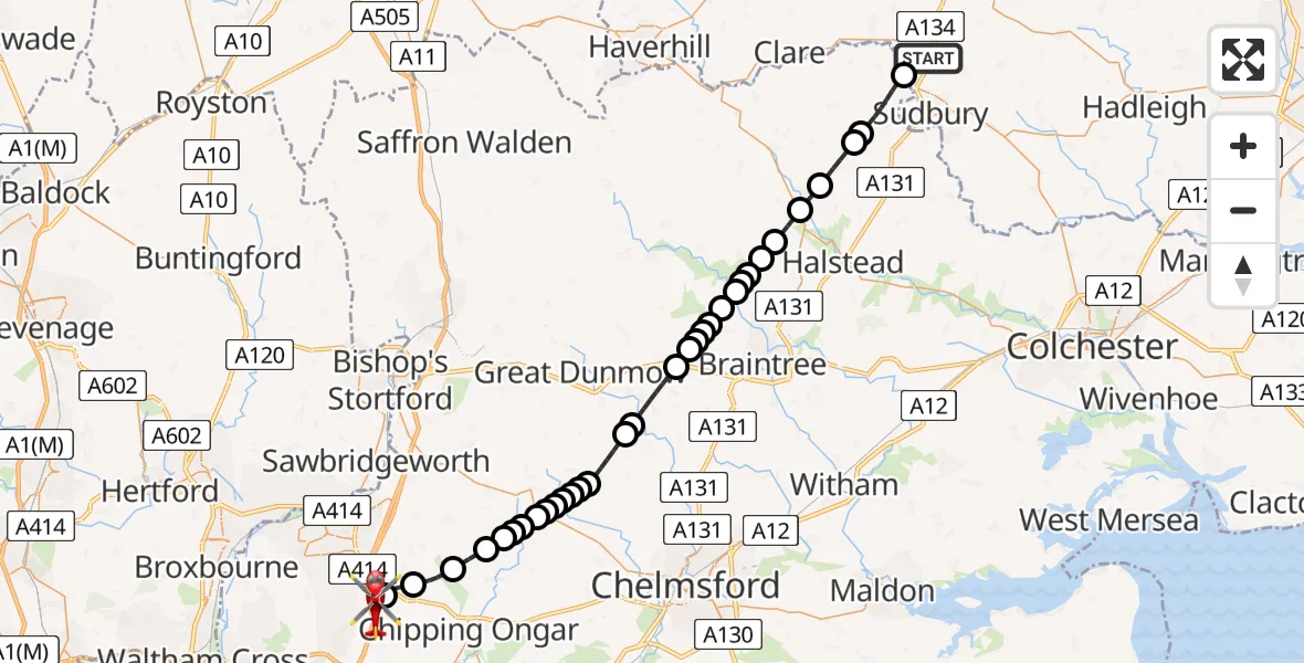 Routekaart van de vlucht: Air Ambulance Helicopter to North Weald Airfield, North Weald Airfield