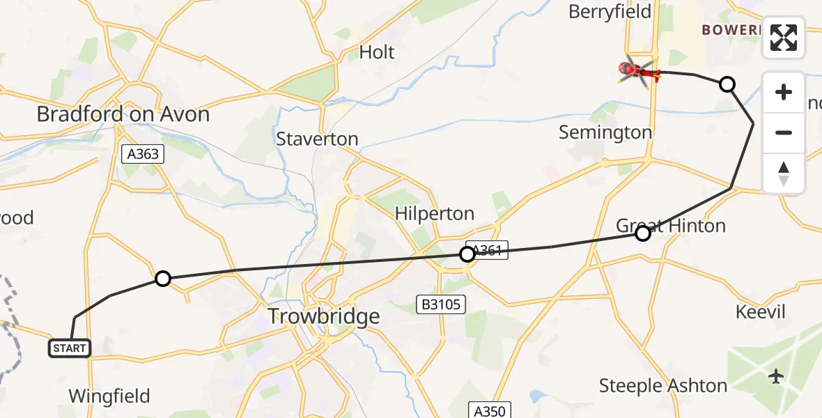 Routekaart van de vlucht: Air Ambulance Helicopter to Melksham, Commerce Way
