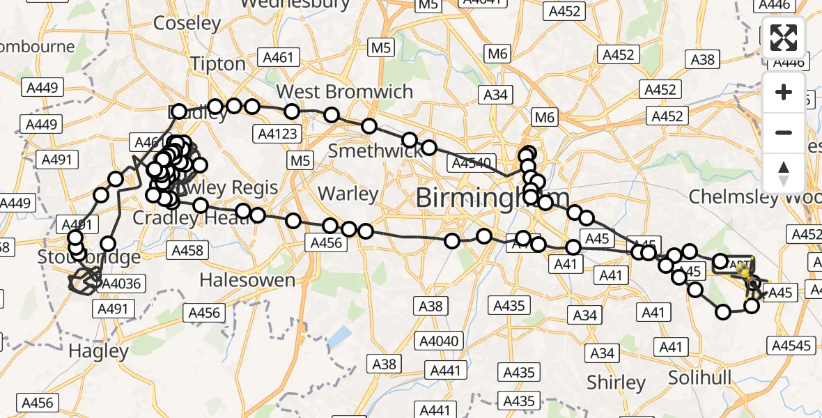 Flight path map showing Police Helicopter route from Birmingham Airport to Birmingham Airport