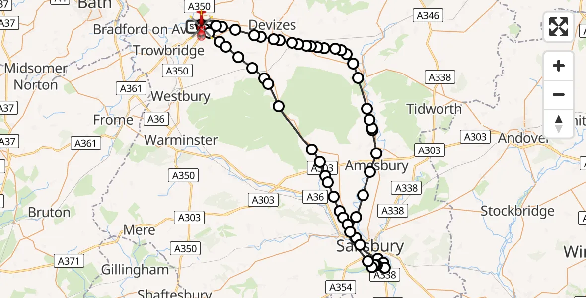 Flight route map: Air Ambulance Helicopter to Melksham, Commerce Way