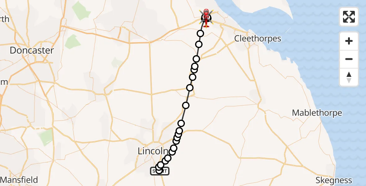 Flight route map: Air Ambulance Helicopter to Immingham, A180