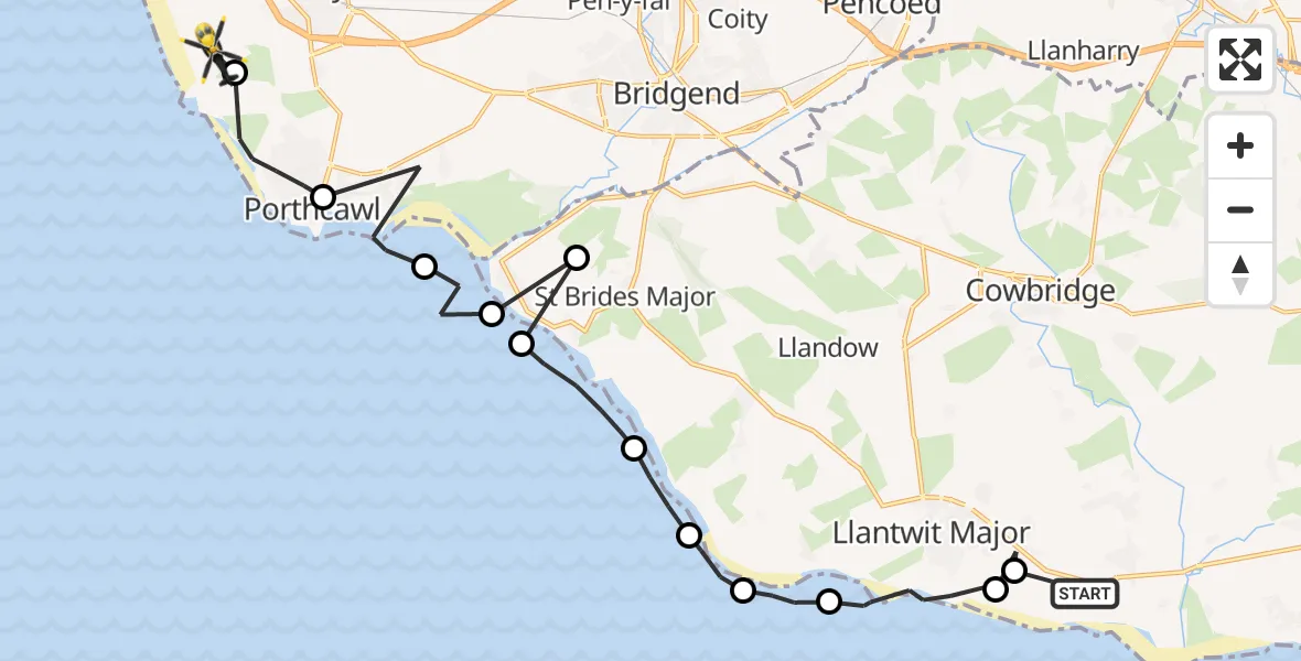 Routekaart van de vlucht: Police Helicopter to Kenfig, Heol Gorllewin