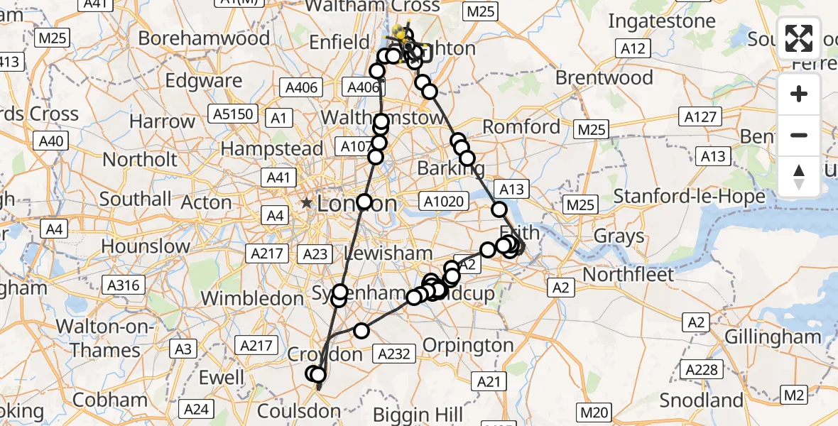 Flight route map: Police Helicopter to Sewardstonebury, Bury Road